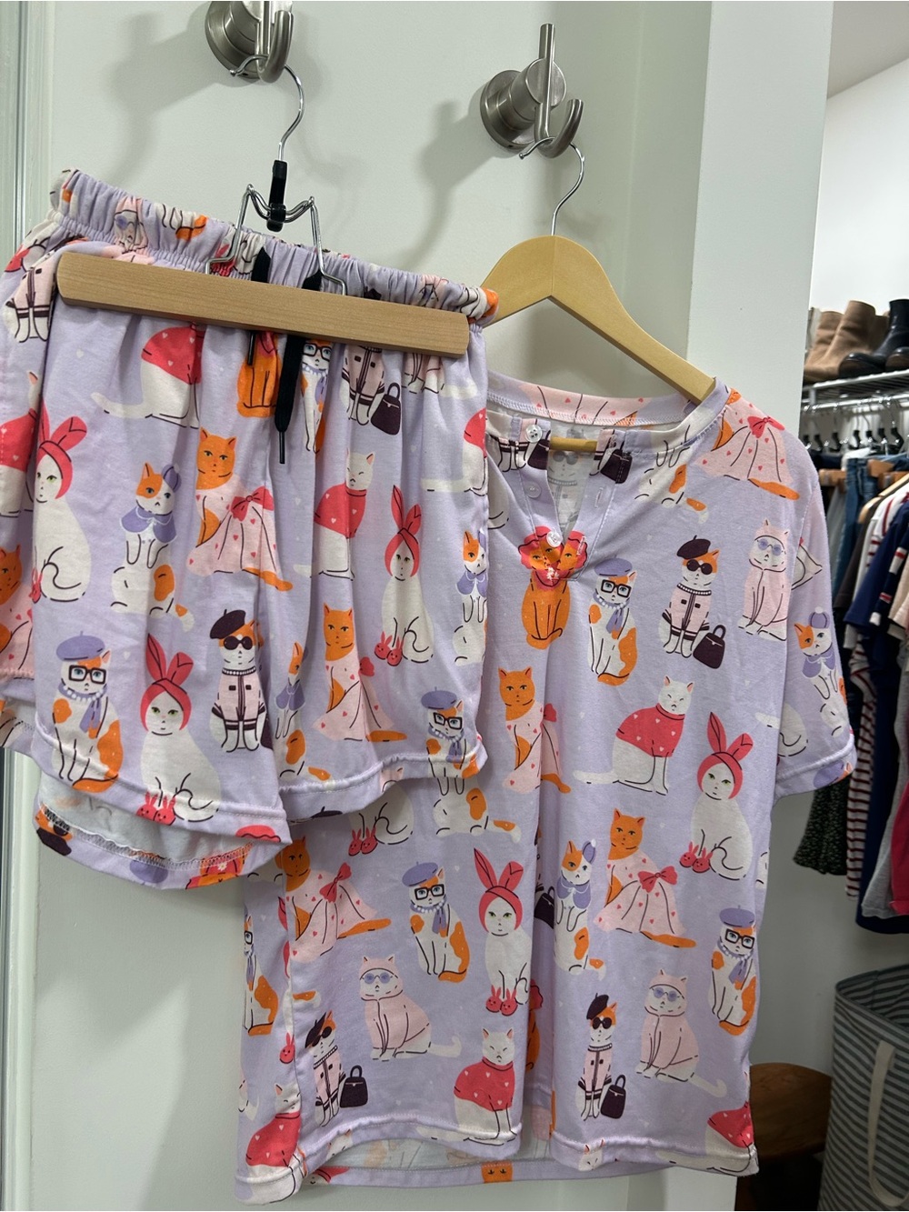 Girly Lavender Cat Print Pajama Set - Unknown Brand